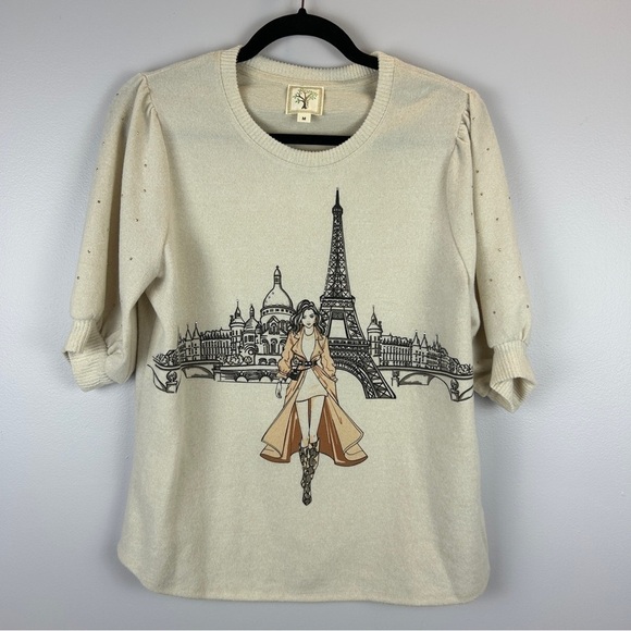 Colortree Casual Paris Themed Embellished Knit Short Sleeve Sweater Medium - Picture 2 of 13